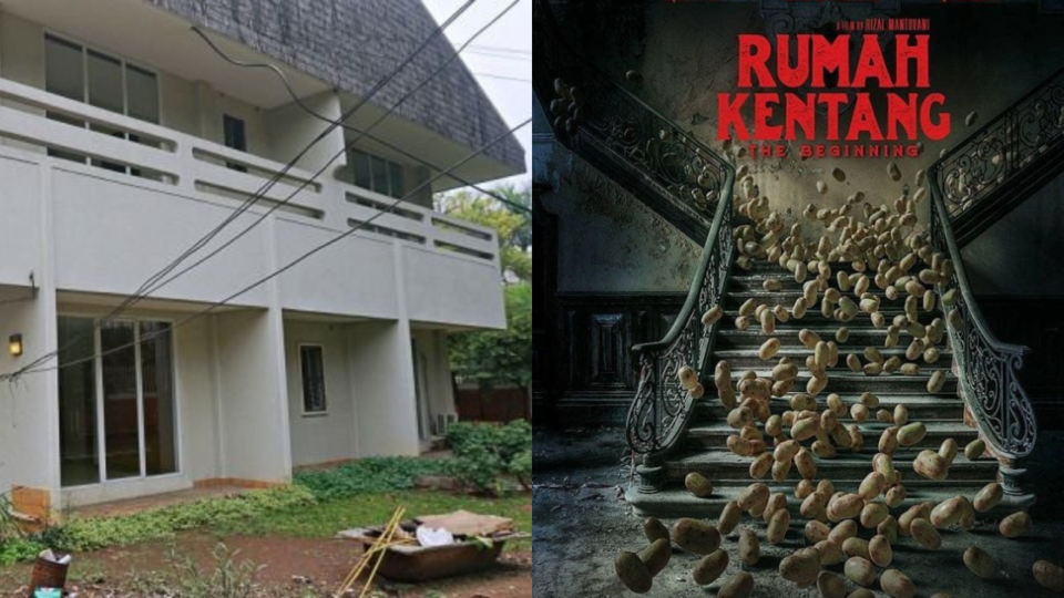 Left: The infamous Rumah Kentang (Potato House) in Dharmawanga. Left: The poster for 2019’s “Rumah Kentang: The Beginning”  