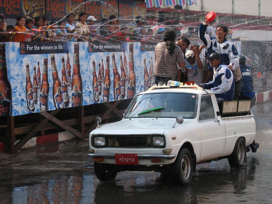 Revellers are doused in water during Thingyan in Taunggyi in 2005. Photo: Ian Kerr / Wikimedia Commons