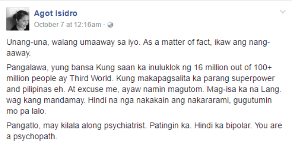 Screenshot of Agot Isidro's Facebook post