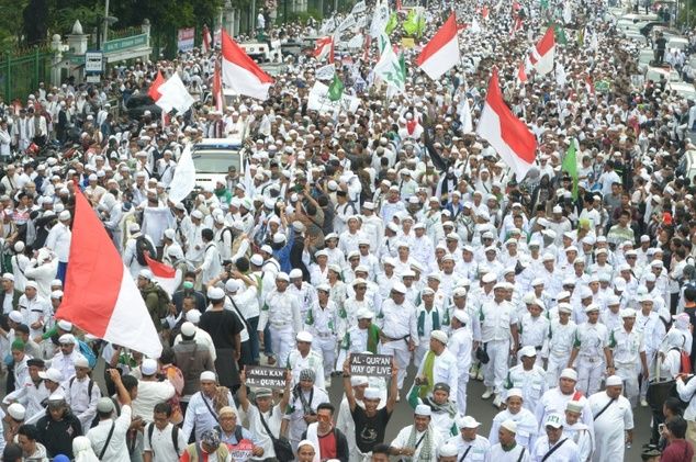 The November 4, 2016 protest against former Jakarta Governor Basuki “Ahok” Tjahaja Purnama organized by ‘The National Movement to Safeguard the Indonesian Ulema Council’s Fatwa’, an Islamist hardliner umbrella organization. Photo: AFP