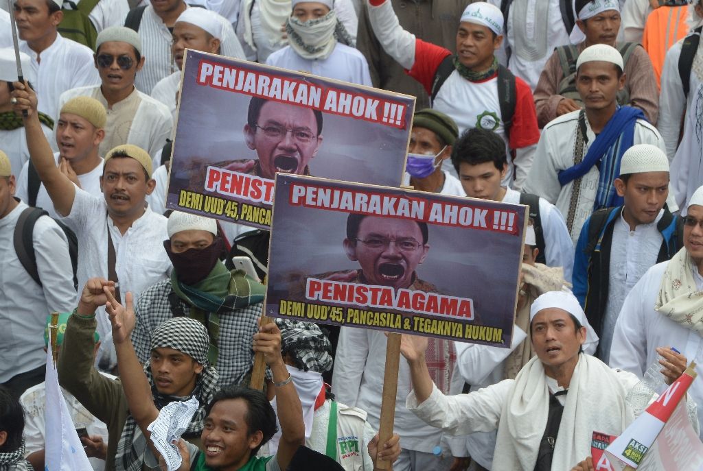 Demonstrators at a rally to protest former Jakarta Governor Basuki “Ahok” Tjahaja Purnama on November  4, 2016. Photo: AFP