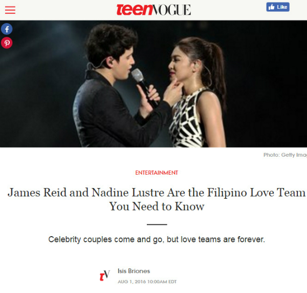 Screenshot of Teen Vogue's feature on James Reid and Nadine Lustre