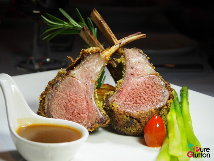 erb-crusted Rack of Lamb with grilled asparagus and Dauphinoise potatoes
