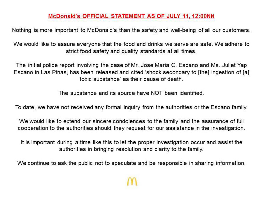 READ McDonald’s statement on that alleged food poisoning incident