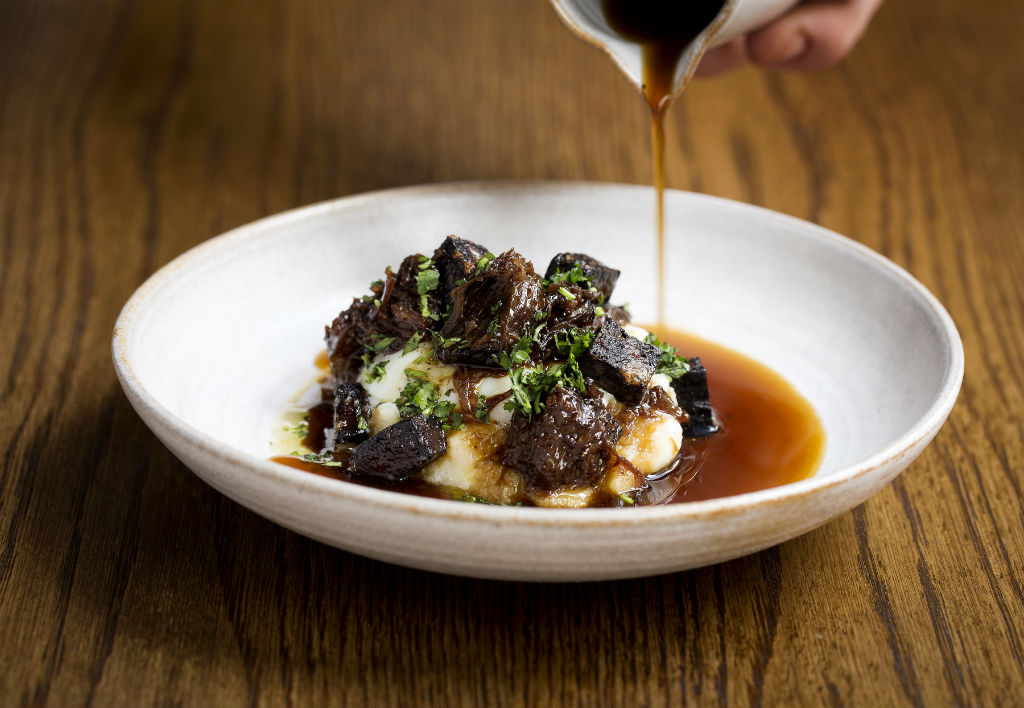 Slow-cooked egg, ox cheek dashi, creamed potato, black pudding by Jason Atherton