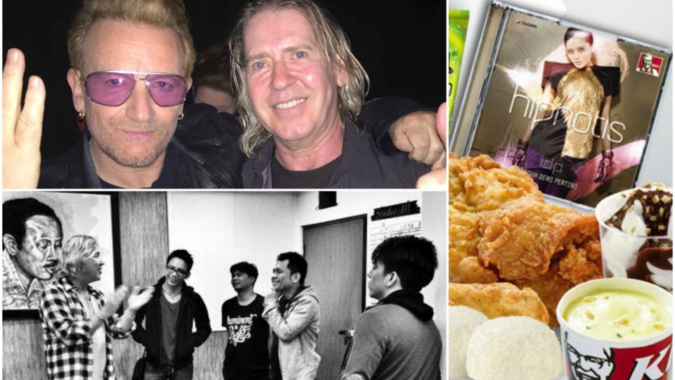 Steve Lillywhite with Bono of U2 (above) and members of Noah (bottom). An advertisement for a KFC Indonesia combo that comes with two pieces and a music CD (right).