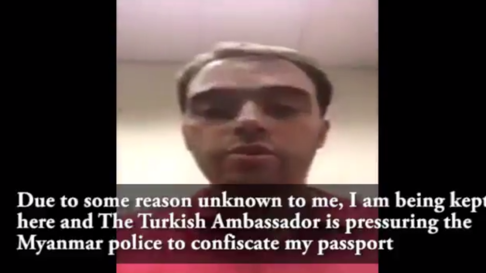 Screenshot from a video posted to social media by M. Furkan Sökmen while being detained at Yangon International Airport.