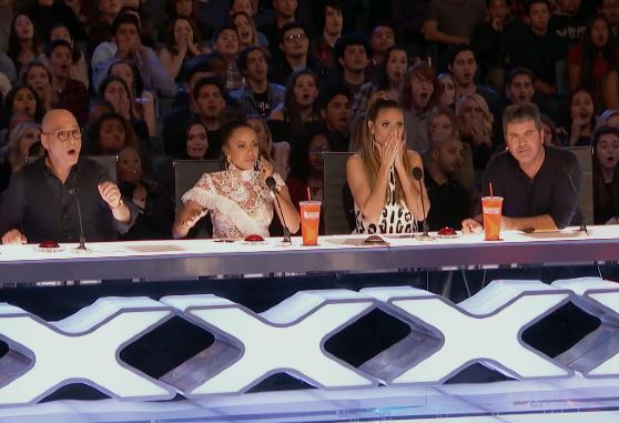 The judges on America’s Got Talent reacting in horror to Demian’s stunt (except for Simon Cowell, who is apparently not shocked by anything anymore). 