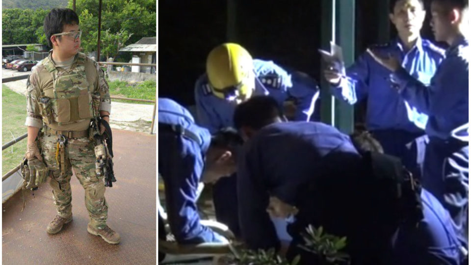 Bosco Kwok (L) pictured in the camouflage outfit he wore for war games with his friends, and authorities (R) during the overnight search for him. Photos: Gun Street Wargame Airsoft via Facebook/Oriental Daily screenshot