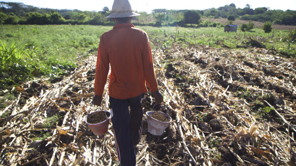 A villager carries buckets of compost on a farm in Pemongkong village in East Lombok, eastern Indonesia, May 17, 2017. The farm practices conservation agriculture which encourages the use of organic fertiliser. Thomson Reuters Foundation/Thin Lei Win