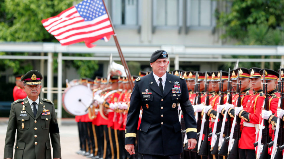 The chief commander of the U.S. Army Pacific, General Robert B. Brown reviews the honor guard with his Thai counterpart, General Chalermchai Sittisart during his visit to Thailand at the Royal Thai Army headquarters in Bangkok, June 5, 2017. Photo: Chaiwat Subprasom/ Reuters
