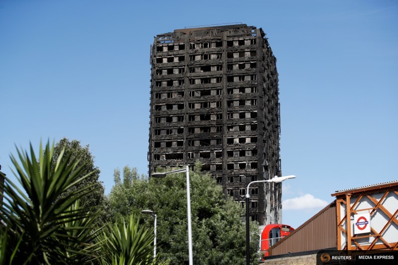 Extensive damage is seen to the Grenfell Tower block which was destroyed in a fire disaster, in north Kensington, West London, Britain June 15, 2017. REUTERS/Stefan Wermuth