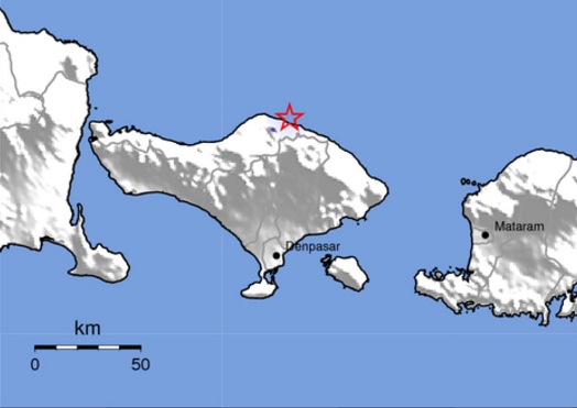 A map pinpointing the epicenter of an earthquake on June 1, 2017 that could be felt by some in parts of North Bali. Photo: BMKG
