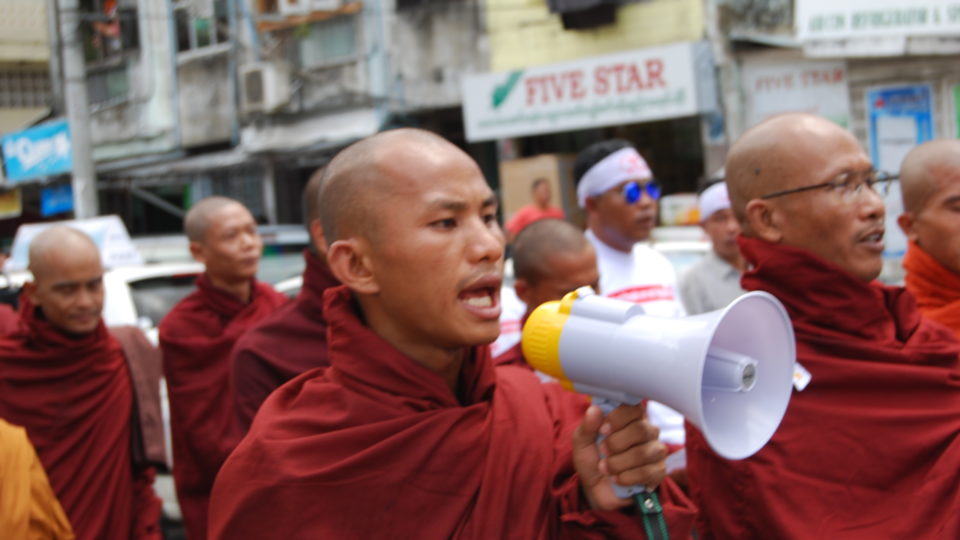 Buddhist monks participate in an anti-Rohingya protest in 2015. Photo: Jacob Goldberg
