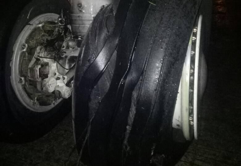 A burst tire on flight MH725 from KL to Jakarta after its hard landing on June 13, 2017. Photo: Detik