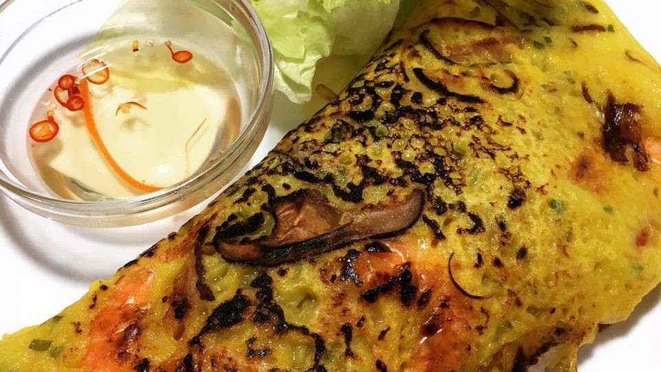 Chef Mai Pham’s Vietnamese Banh Xeo or sizzling crepe with shrimp and pork. PHOTO: Ching Dee