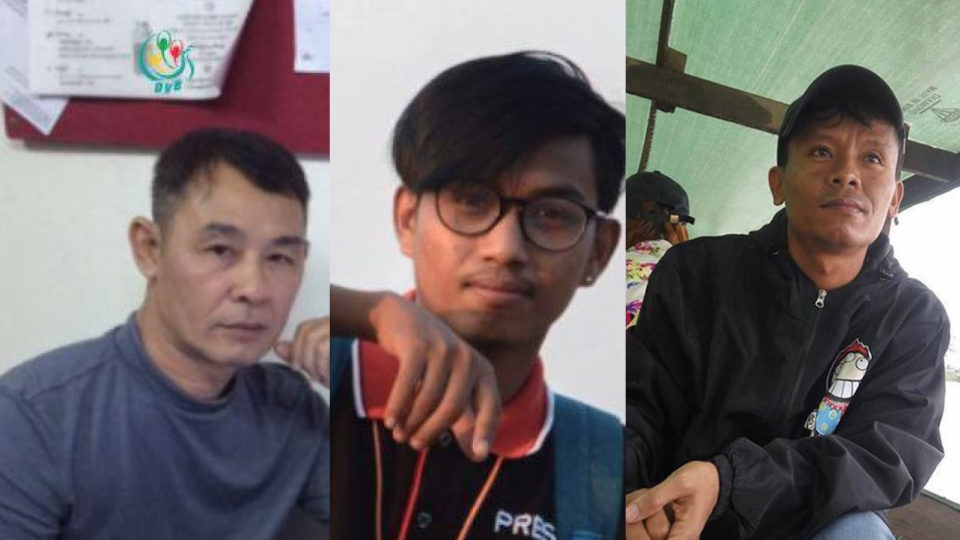 (L-R) Aye Nai, Pyae Phone Aung, and Lawi Weng were arrested on June 26 and are being prosecuted under the Unlawful Associations Act.
