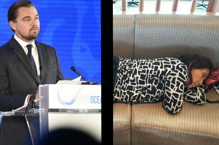 Left: Leonardo DiCaprio speaking at the UN. Right: Indonesian Fisheries Minister Susi Pudjiastuti catching a nap at New York’s Kennedy Airport before her flight back to Indonesia after speaking at the United Nations.