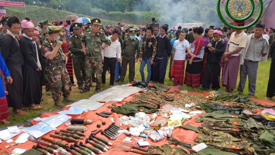 Monday’s drug burning ceremony, organized by the TNLA. Photo: Facebook / PSLF -TNLA News & Information Department