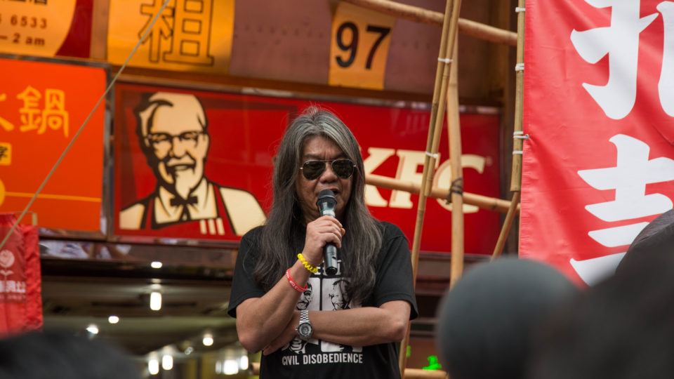 Veteran lawmaker “Long Hair” Leung Kwok-hung addressing the crowd at the annual democracy march, July 1, 2017. File photo: Jonathon Morton/Coconuts Media