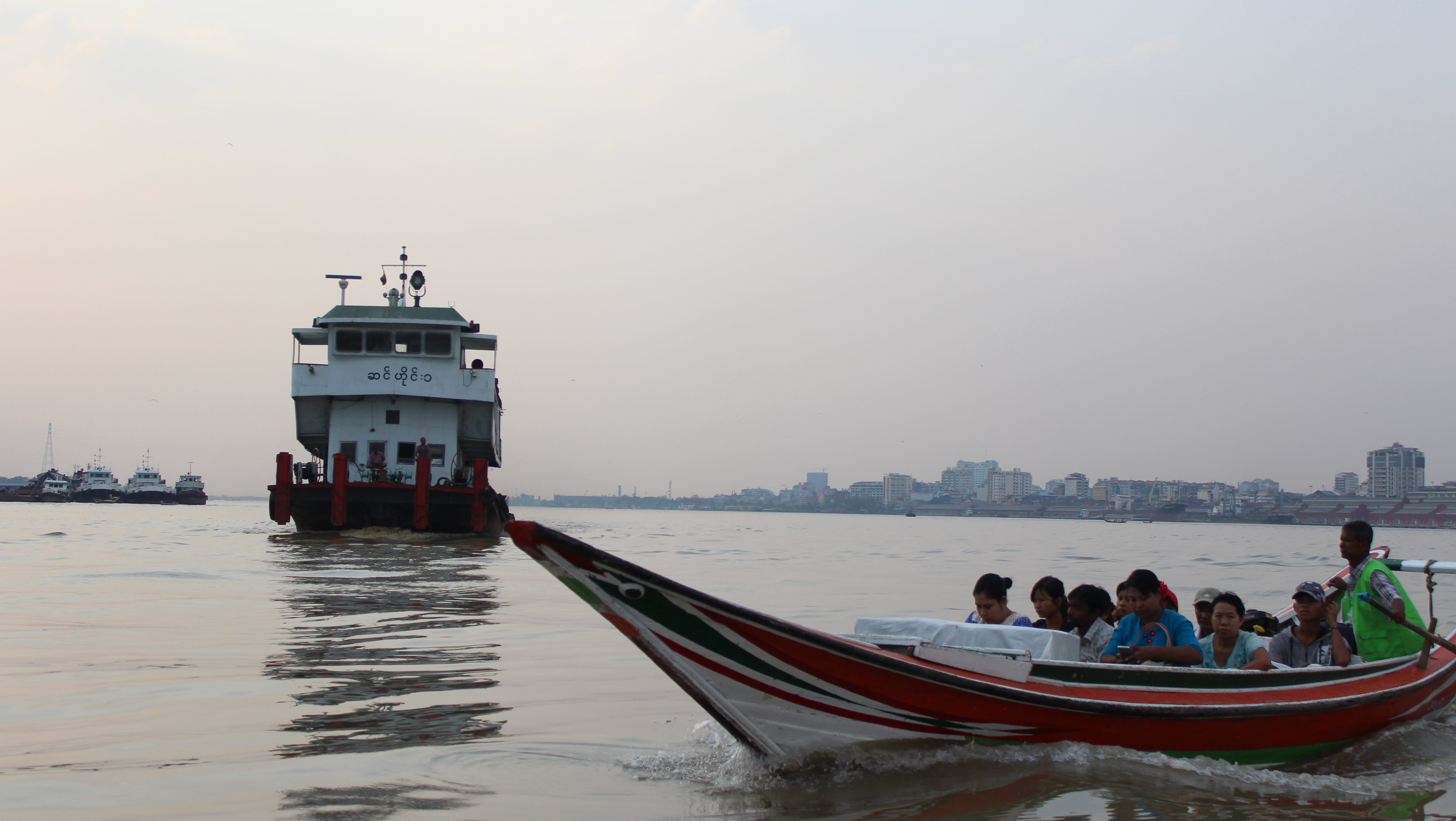 Passenger boats on the Yangon River. Photo: Jacob Goldberg