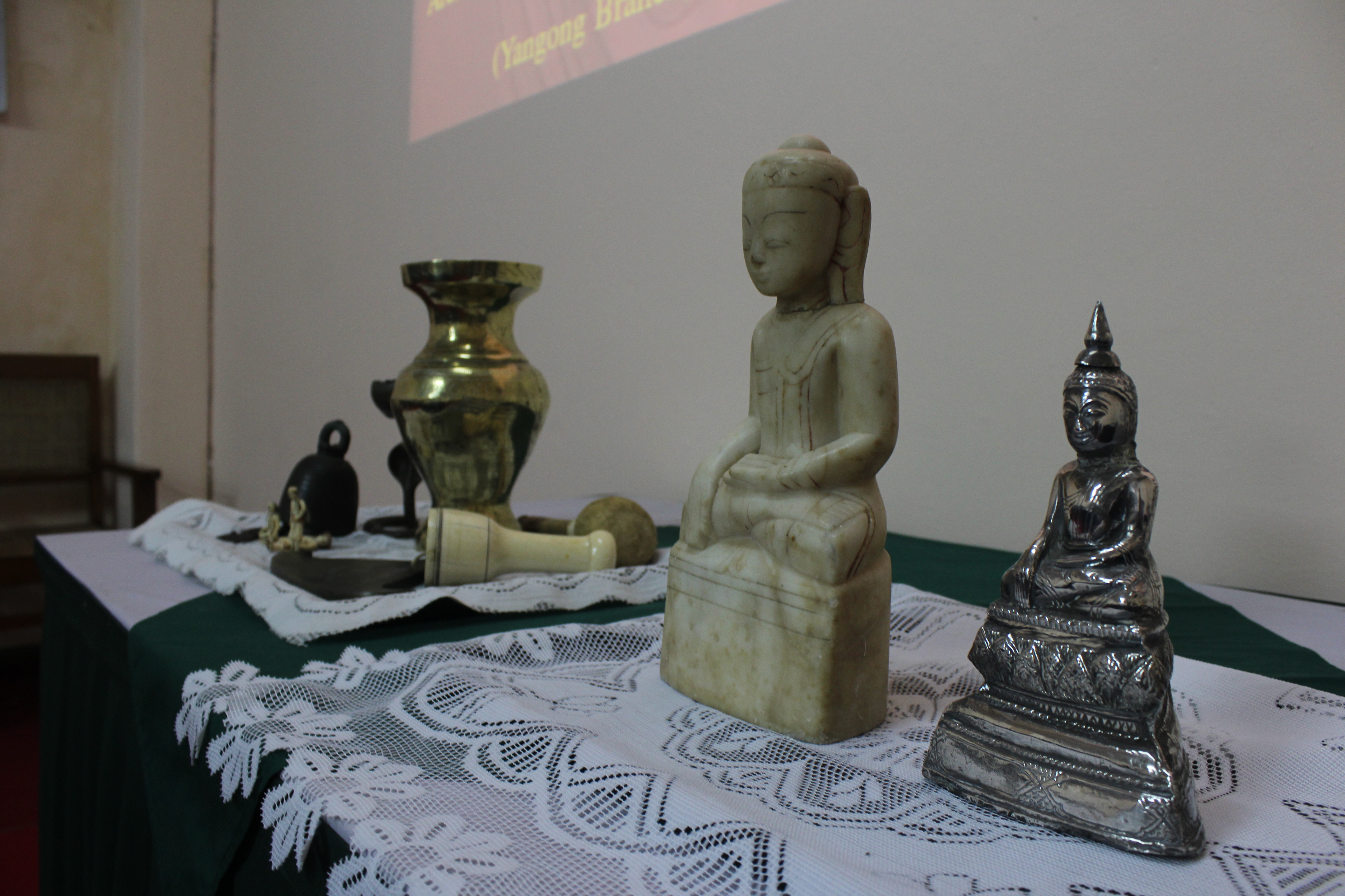 The Bodle family handed over these Buddha statues, along with several other artifacts, to the Myanmar government on July 20. They were taken from the Shwemawdaw Pagoda in Bago by the Bodles’ ancestors during the British conquest of Lower Burma in 1852. Photo: Jacob Goldberg