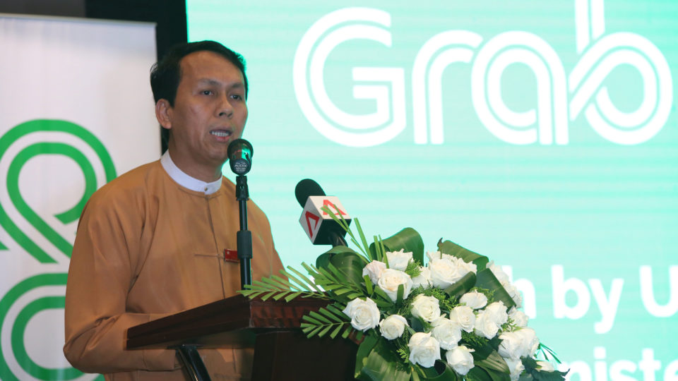Yangon Regional Chief Minister Phyo Min Thein speaking at a Grab press conference earlier this week. Photo: Grab