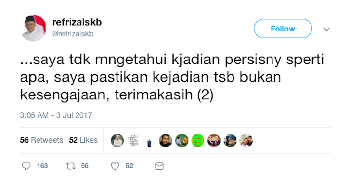 Refrizal’s apology on Twitter.