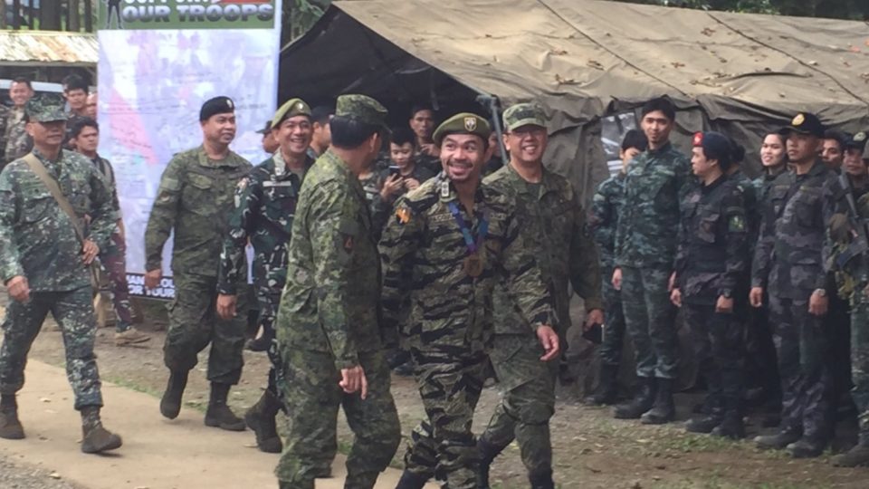 Champion boxer and incumbent senator Manny Pacquiao arrived in Marawi dressed in full Military garb. PHOTO: Ron Gagalac/ABS-CBN News