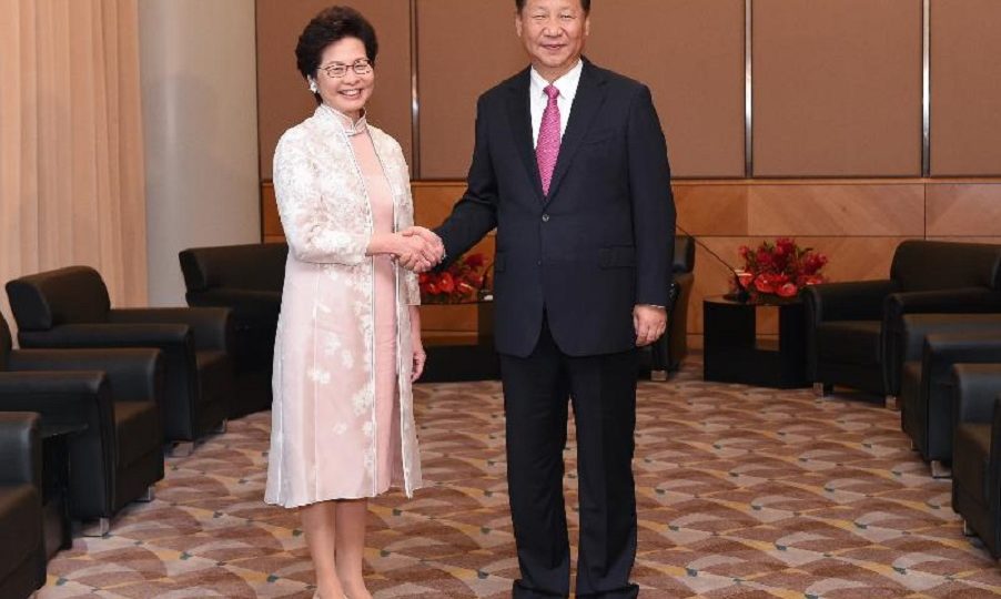 Hong Kong’s new Chief Executive Carrie Lam (L) and Xi Jinping (R) after Lam’s swearing in ceremony in July. File photo: Hong Kong Government