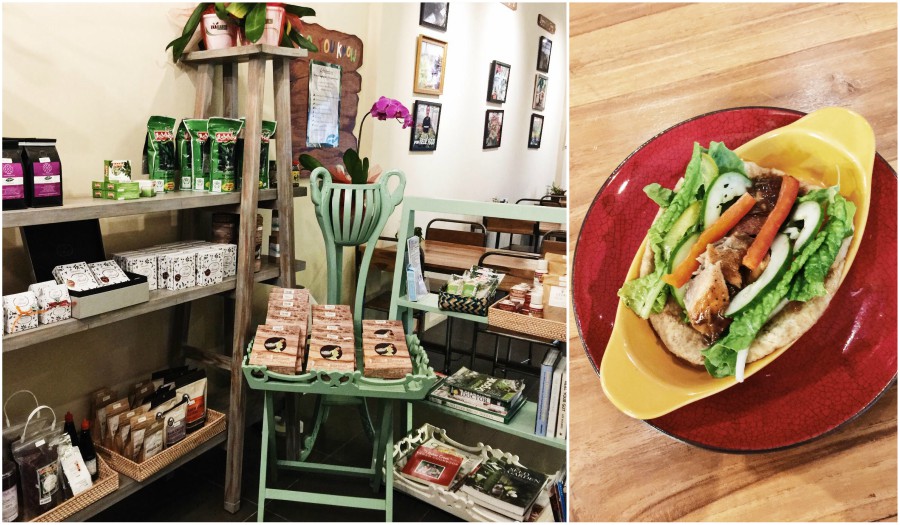 The cafe has a little shop with health food items (left). Try the salmon teriyaki bun, Rp 35k, for a nice little bite (right).  Photos: Juminten Jones/Coconuts Bali