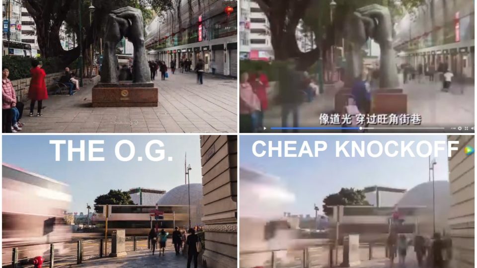 Franso’s high-definition, original hyperlapses (L), versus the potato-quality knockoff that Xinhua passed of as its own (R). Screenshots: Francis So via Youtube/Xinhua via Facebook