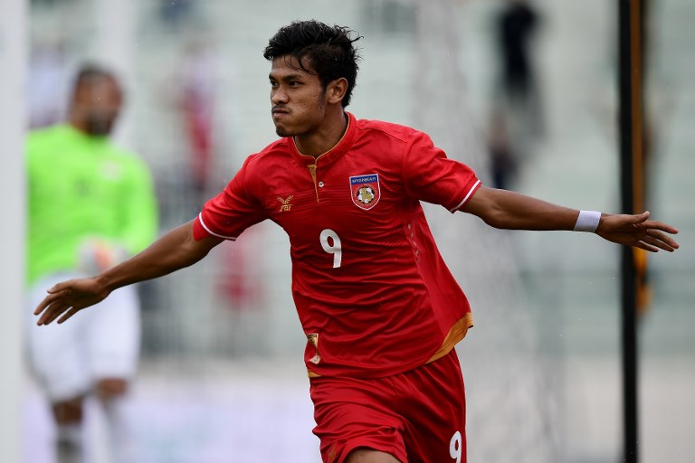 Aung Thu of Myanmar celebrates after scoring his second goal during their men’s football Group A round match at the 29th Southeast Asian Games (SEA Games) at Selayang Stadium, outside Kuala Lumpur, on August 14, 2017. / AFP PHOTO / MANAN VATSYAYANA