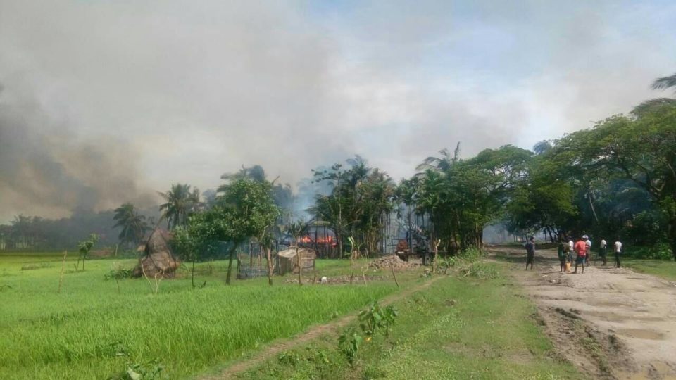 A burning landscape near the site of one of Friday morning’s attacks. Photo: Facebook / Office of the Commander-in-Chief of Defense Services