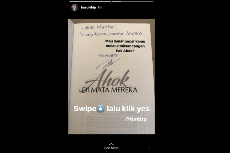 The signature of ex Jakarta Governor Basuki “Ahok” Tjahaja Purnama on a copy of the book “Ahok di Mata Mereka” along with a message asking Mentari to accept Andrea’s proposal. (Screenshot from Instagram Stories @basukibtp)