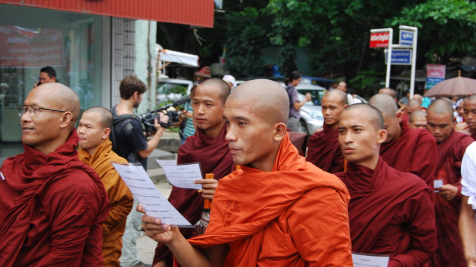 Buddhist monks protest UN refugee policies in Yangon in 2015. Photo: Jacob Goldberg