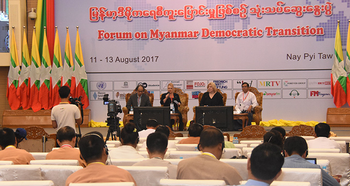 (L-R) Myanmar Times editor and executive director Kavi Chongkittavorn speaks on a panel alongside DW Akademie representative Isabella Kurkowski, media freedom expert Dunja Mijatovic, and Myanmar Press Council vice-chairman Aung Hla Tun. Photo: MOI