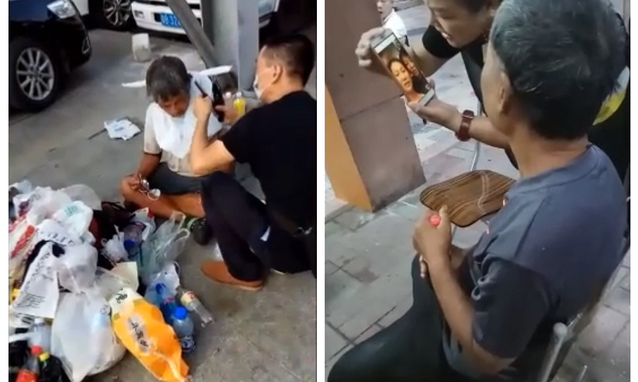 Chan getting a haircut from a volunteer (L) and speaking to his family for the first time since 2006 via video call (R). Screenshots: Return Love Home via HK01