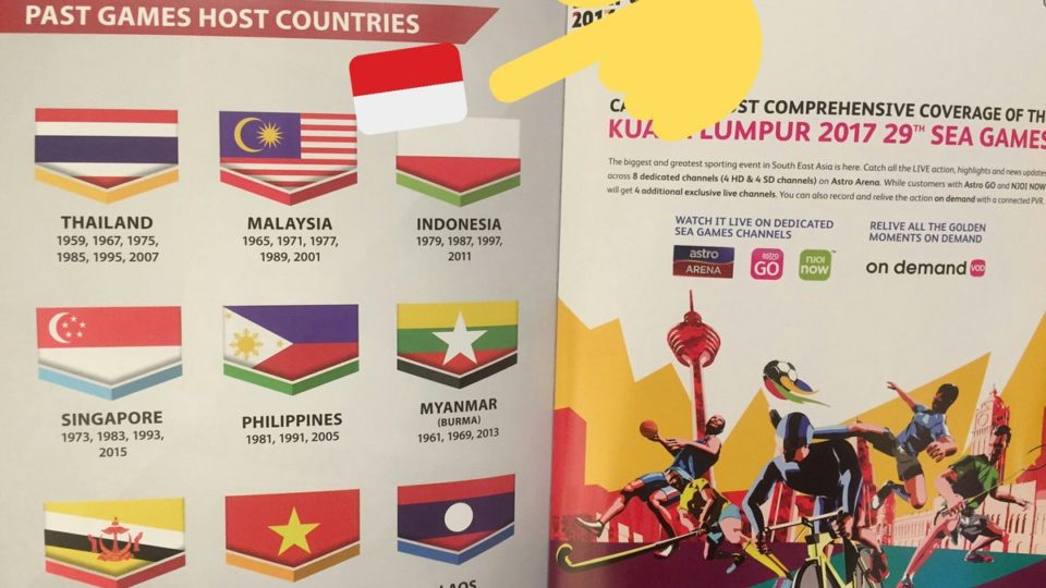 The Indonesian flag printed upside down in an official guide book to the 2017 SEA Games in Kuala Lumpur, Malaysia.