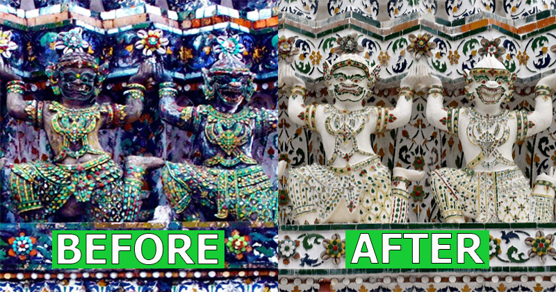 The comparison photos of Wat Arun, shown before and after the renovation, have been widely shared online. Photos: I know, I learn/ Facebook