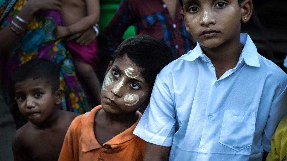 Boys stand in the yard of an IDP camp for Hindus at the Sri Sri Moha Dev Bari Hindu Temple in Sittwe, Rakhine State. Photo: AFP