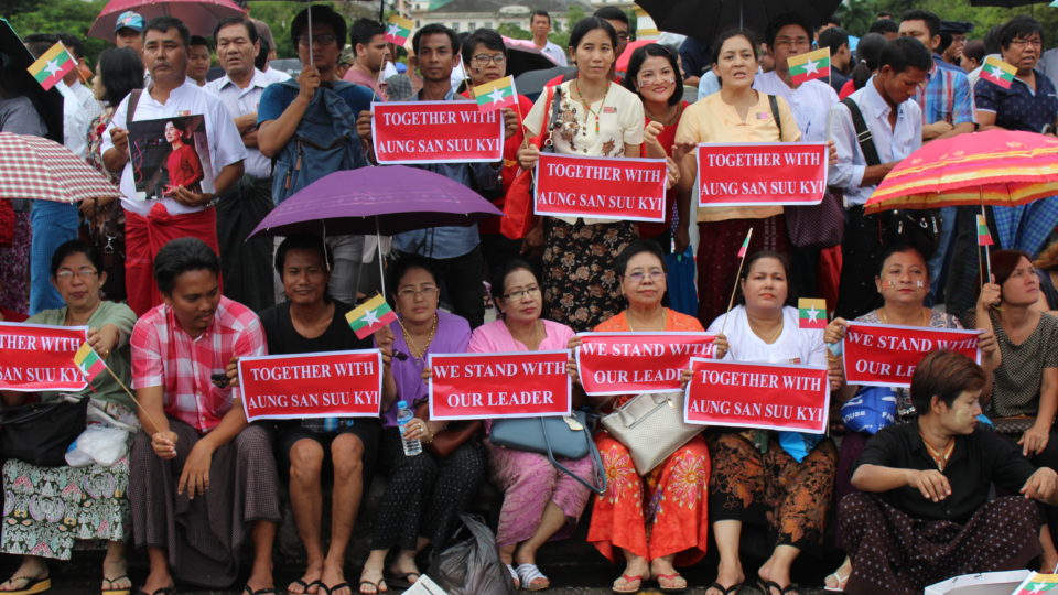 Supporters of State Counsellor Aung San Suu Kyi watch her speech on the big screen outside Yangon’s City Hall. Photo: Jacob Goldberg