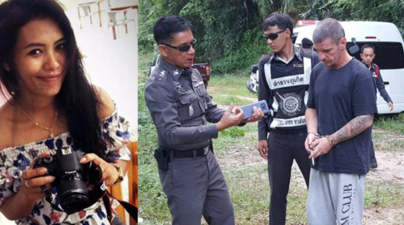 The victim, left, and the confessed killer, right, at the spot where the body was dumped.