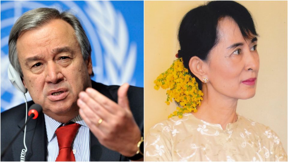 United Nations Secretary-General António Guterres and Myanmar leader Aung San Suu Kyi. PHOTOS: UN Photo/Jean-Marc Ferré; Facebook/Aung San Suu Kyi
