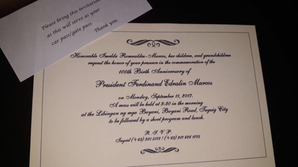 An invitation from Imelda Marcos. (Photo from Akbayan Rep. Tom Villarin) 