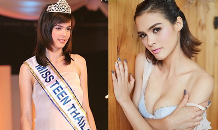 Amelia as a teen beauty queen, left, and glamour modeling for Rush magazine more recently, right. 