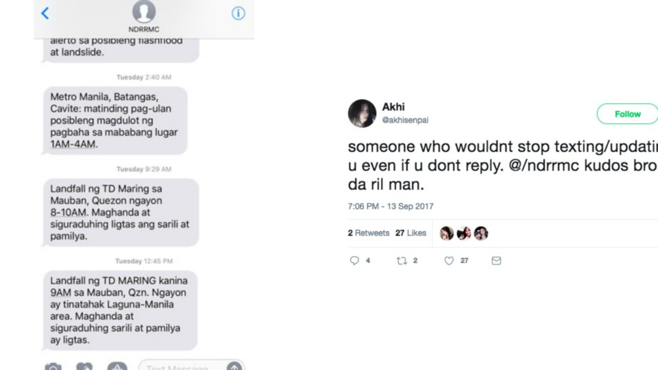 Alerts from NDRRMC (left) and a tweet from @akhisenpai (right) 