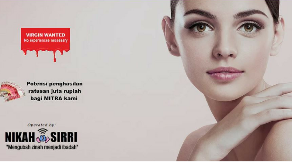 A screenshot from the website nikahsirri.com, which has been blocked in Indonesia by the government. It includes the taglines: “Potential to earn hundreds of millions of rupiah as our partner” and “Change adultery into worship” 