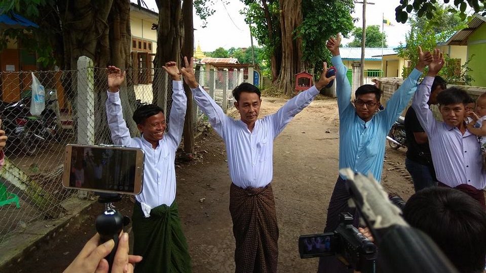 (L-R) Lawi Weng, Aye Nai, Pyae Phone Aung, and Tun Aye outside the Hsipaw courthouse following their release. Photo: DVB