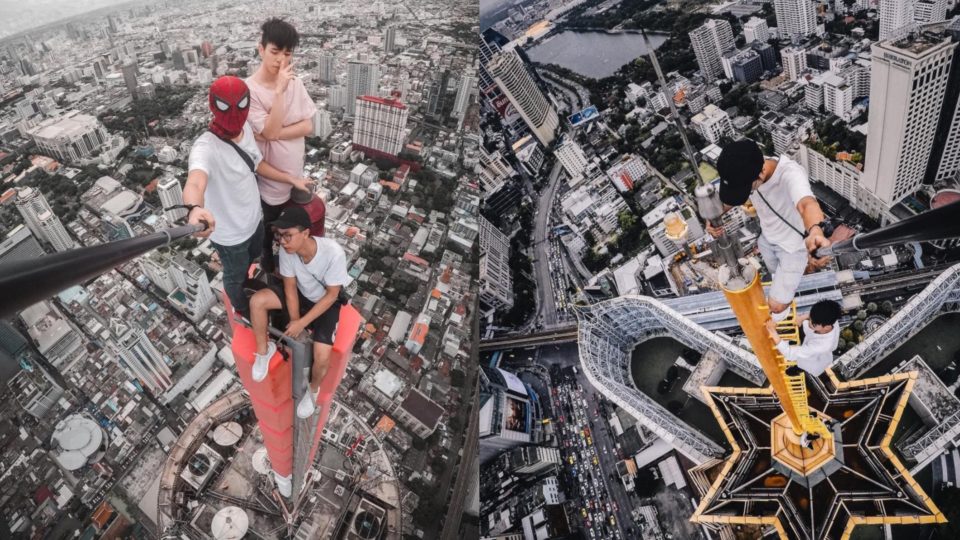 Samuel Chan from Hong Kong with two others on top of Baiyoke Tower II and Terminal 21 shopping mall. PHOTOS: Instagram/2.25c (Samuel Chan)